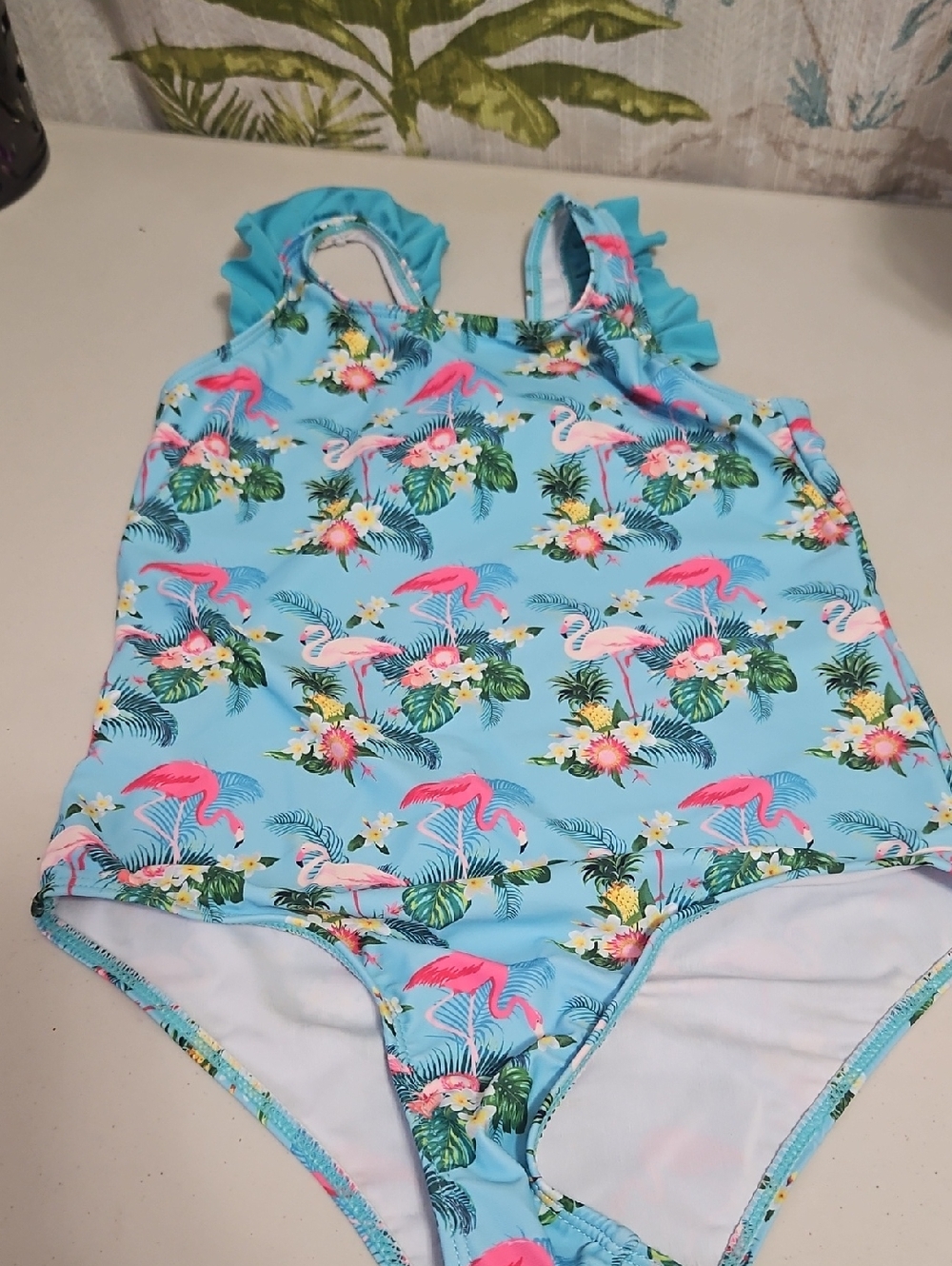 Swimsuit Girls Blue W Flamingos Ruffled Shoulder 8Y Stretchy